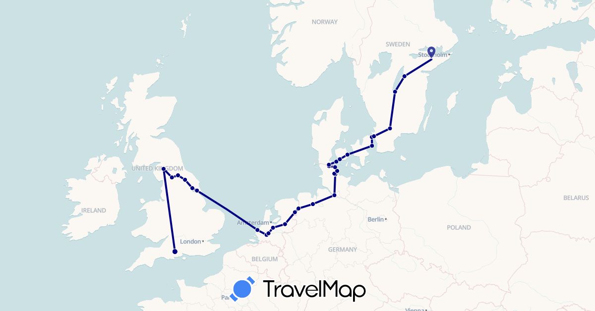 TravelMap itinerary: driving in Germany, Denmark, United Kingdom, Netherlands, Sweden (Europe)